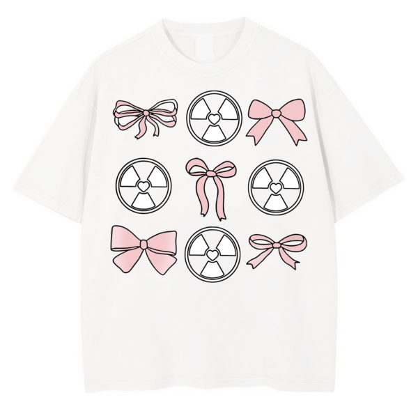 Y2K Graphic T-Shirt with pink bows and radioactive heart design on black oversized tee.