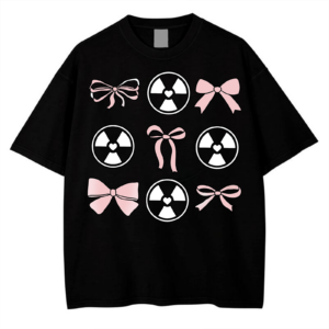 Y2K Graphic T-Shirt with pink bows and radioactive heart design on black oversized tee.