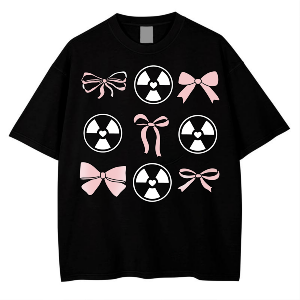 Y2K Graphic T-Shirt with pink bows and radioactive heart design on black oversized tee.